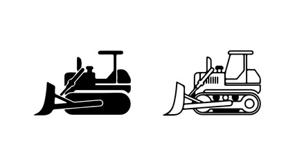 Two stylized illustrations of a bulldozer machine.