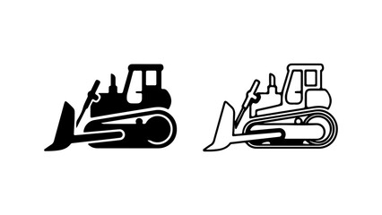 Two stylized illustrations of a bulldozer a solid black and a line drawing.