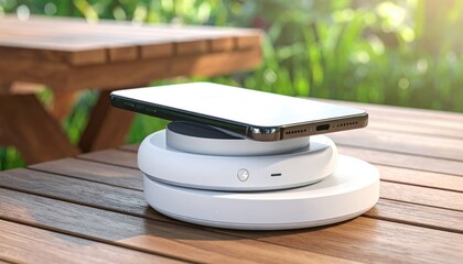 A phone charges wirelessly on a white pad set on a wood picnic table with bright sunny grass background