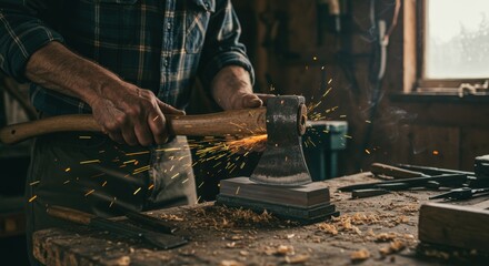 Person sharpening axe in workshop