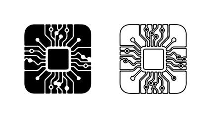 Two stylized microchip icons one black and one white outline.