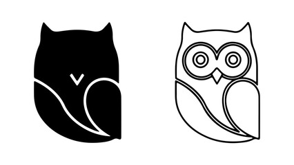 Two stylized owl illustrations one solid black one outline white focused on the owl shape and design elements.