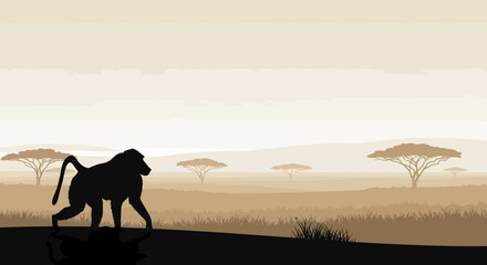 Silhouette of a Baboon Walking Across African Savanna Landscape.