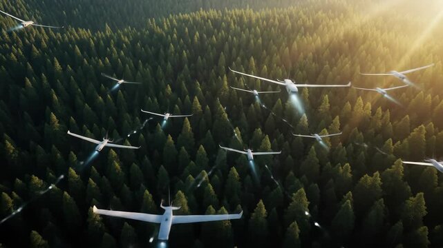 Aerial view of a drone swarm flying over a forest, illustrating advanced technology, nature and environmental monitoring with unmanned aerial vehicles.