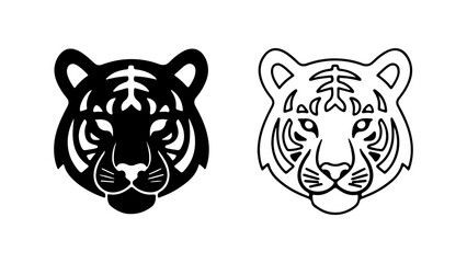 Two Stylized Tiger Head Illustrations Black and White.