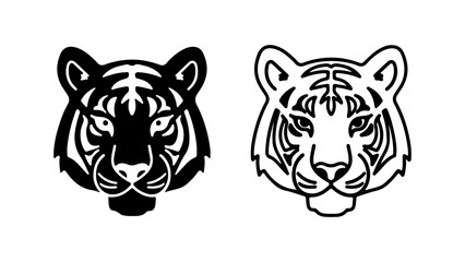 Two stylized tiger head illustrations in black and white showcasing a powerful feline gaze.
