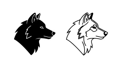 Two stylized wolf heads one black silhouette and one line art.