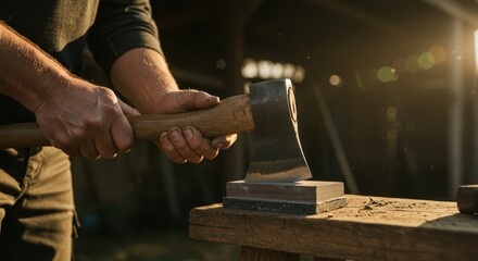 Person sharpening axe on stone