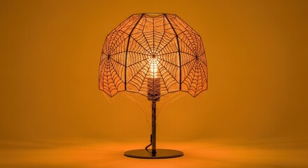 Spooky halloween table lamp with spiderweb shade glowing on orange background