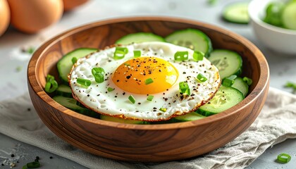 Fried egg atop cucumber slices in wood bowl, garnished with chives, resting on linen, with blurred eggs in the background