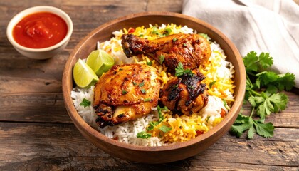 Wooden bowl filled with seasoned chicken and rice. Lime wedges and a small bowl of sauce rest beside, on a rustic wooden surface
