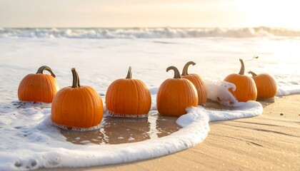 Pumpkins on a beach at sunrise.  Ocean waves wash over the sandy shore, with several small orange pumpkins positioned in the foamy water.  Golden light bathes the scene