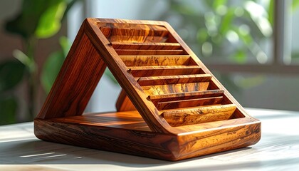 Wooden, A-frame business card holder, handcrafted from a patterned brown wood, rests on a marble surface, bathed in soft window light