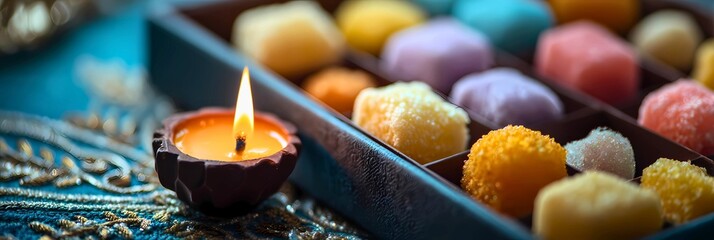 A single lit candle in a dark holder illuminates a tray of colorful textured wax melts