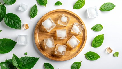 Overhead shot ice cubes on wood plate amidst green leaves on a white backdrop, creating a refreshing and natural vibe