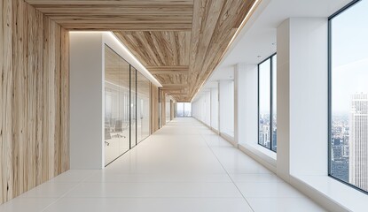 Fototapeta premium Modern, bright office hallway with city view