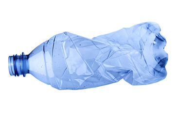 Crushed clear plastic water bottle with blue cap lying on a stark black background