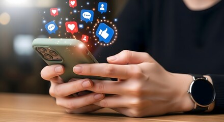 Using social media on smartphone for online marketing and engagement strategy with like icons