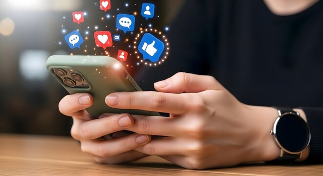 Using social media on smartphone for online marketing and engagement strategy with like icons