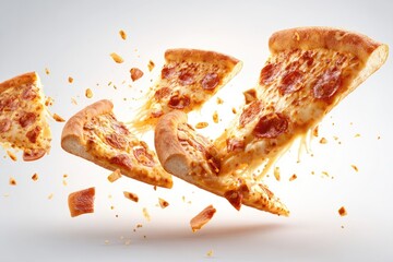 Pizza slices flying,  melted cheese,  crispy crust,  delicious