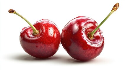 Two fresh, ripe cherries, glistening with water droplets, set against a plain white background