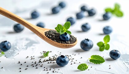 Blueberries and chia seeds are scattered on a white textured surface. Seeds in a spoon, garnished with mint leaves, lie nearby