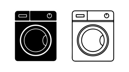 Washing Machine Icon Set Black and White Front View.