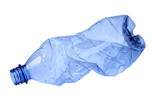 Crushed clear plastic water bottle with blue cap against a stark black background