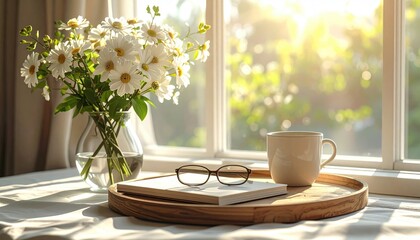 Sunny windowsill daisies in a glass vase, spectacles on a notebook, and a mug of tea, all sitting on a rustic, round wooden tray
