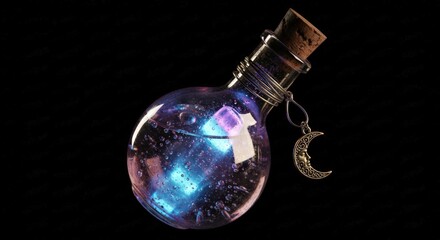 Magical potion bottle with galaxy inside and moon charm on a black background