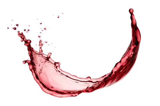 Dynamic red wine splash frozen in mid air against a stark black background