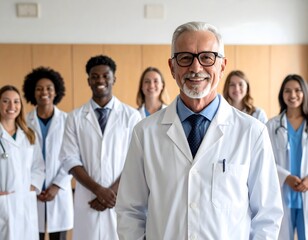 A male senior doctor is surrounded by a diverse group of smiling young medical students. His expression is warm and inviting as he engages directly with them. The background is a soft blur.
