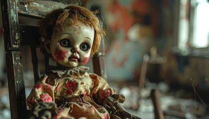 Creepy, weathered doll with large eyes sits in a decaying chair, hinting at a forgotten past within an abandoned, ruined space