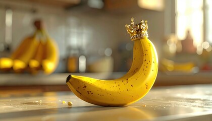 A ripe banana topped with a jeweled crown rests on a counter, kitchen scene behind it. Light falls softly