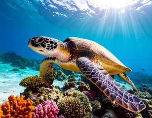 Obraz premium Sea turtle swimming over a vibrant coral reef. Underwater scene with sunlight shining through the water