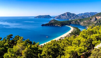 Panoramic view of a turquoise bay. Lush green hills surround a pristine, sandy beach, curving into a bay.  Clear blue sky above