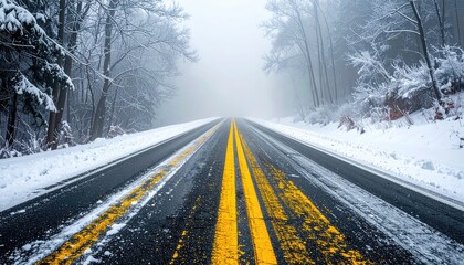 A winding asphalt road, with double yellow lines, stretches through a snow-covered forest shrouded in mist, creating a serene, winter scene