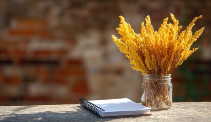 Yellow flower bouquet in glass jar, beside a notebook
