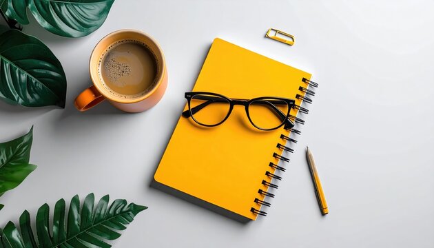 Bright flat lay orange mug, yellow notebook, black glasses, and pencil, framed by lush green leaves on a clean white surface