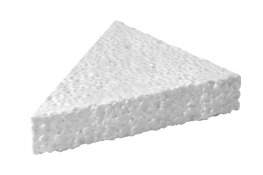 A single wedge of white crumbly cheese with a textured rind isolated on a black background