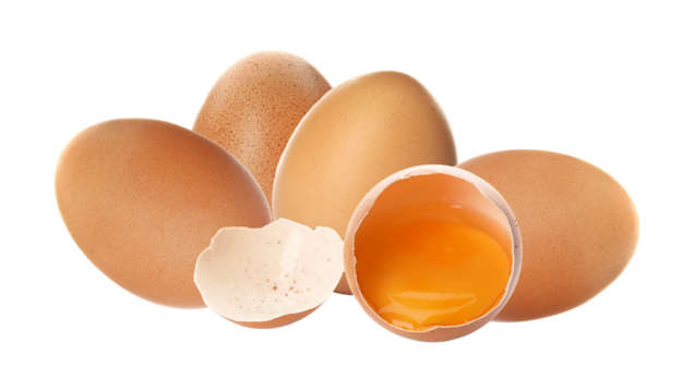 fresh brown eggs, whole and cracked