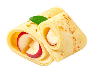 Two rolled crepes filled with sliced apples and cheese