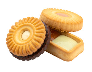 Three layered cookies, light golden brown, with chocolate, jam, and creamy filling