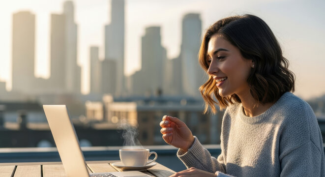 Smiling woman on remote video call with city view