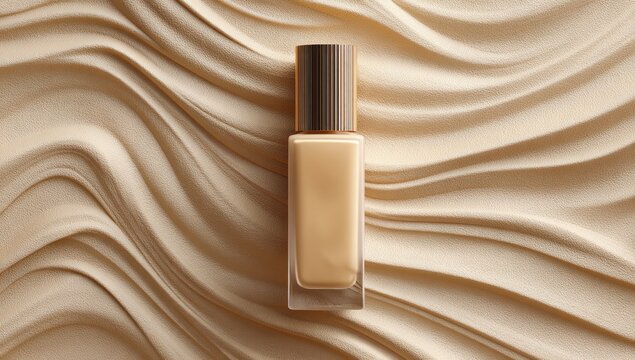 Light beige foundation bottle on wavy beige surface - Powered by Adobe
