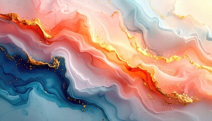 Abstract fluid art featuring swirling layers of soft peach, blue, and white hues, accented with golden veins creating a marbled effect