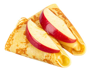 Two golden crepes, filled with creamy filling and topped with sliced red apples