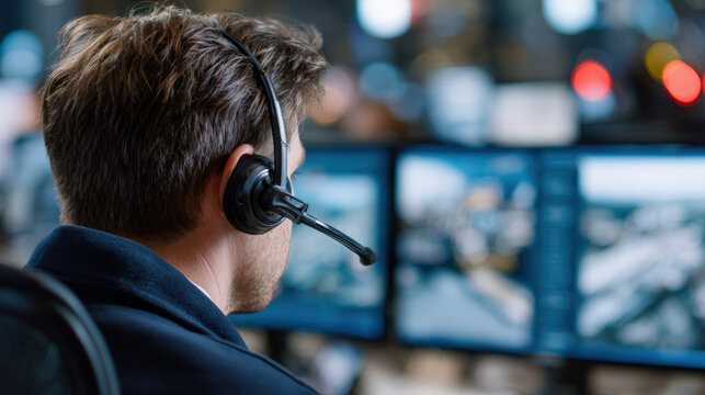 Focused agent headset monitoring control room support operator workstation technology screens