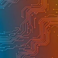 Abstract digital circuit board pattern with glowing orange and blue lines against a gradient background.