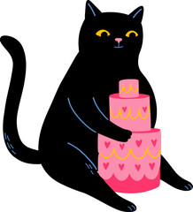 Black cat holding a pink twotier cake